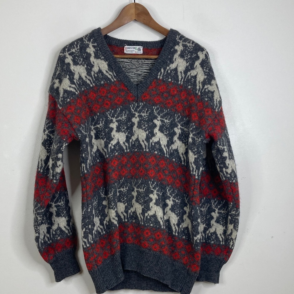 Vintage Shetland Wool Sweater Womens XL Gray Red Fair Isle Reindeer Nordic